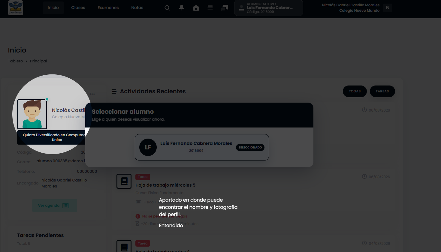 Panel familiar para seleccionar al alumno y consultar sus tareas pendientes