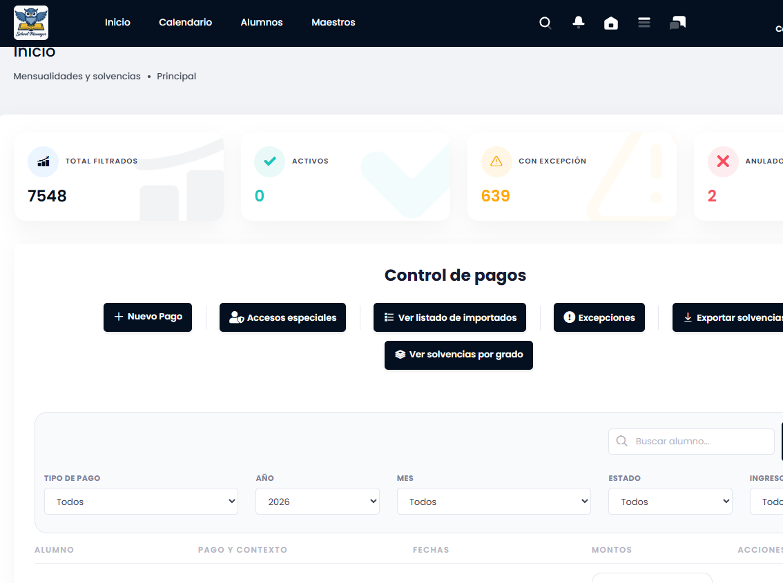 Panel administrativo de mensualidades y solvencias con filtros, estados y exportación